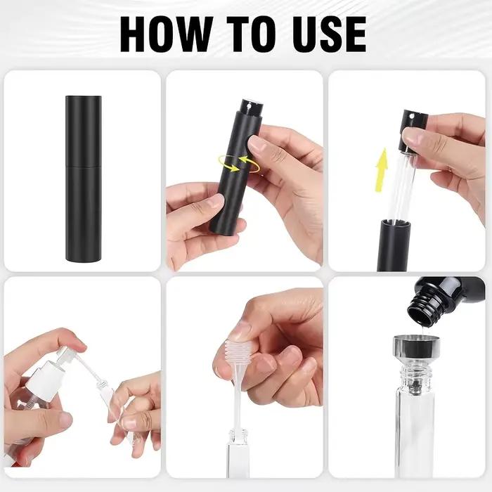 Lot de 3 flacons de parfum de voyage rechargeables noirs de 10 ml - Atomiseur de Cologne portable, livré avec 3 outils de distribution, anti-fuite - Essentiels de voyage unisexes, noir mat