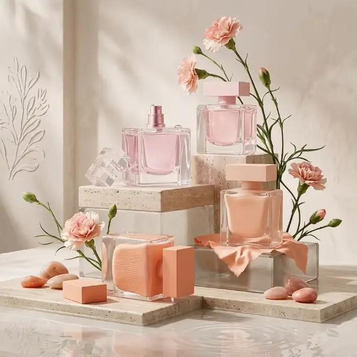 Eau de parfum pour femme, flacon carré transparent, parfum floral musqué, senteur longue durée, fragrance élégante pour tous les jours, rendez-vous galants, cadeau pour femme.