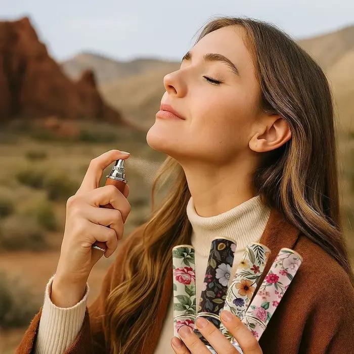 Bouteille de parfum portable en cuir PU 10ml pour femmes, design floral, flacon pulvérisateur rechargeable anti-fuite, parfait pour le quotidien et les voyages