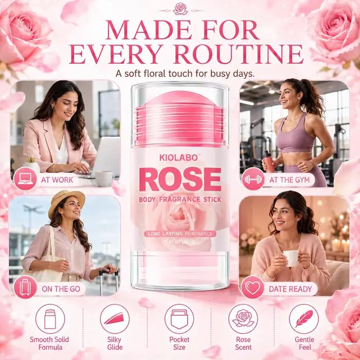 Bâton déodorant à la rose avec un parfum longue durée, formule à faible sensibilité, bâton aromatique, hydratant et nourrissant.